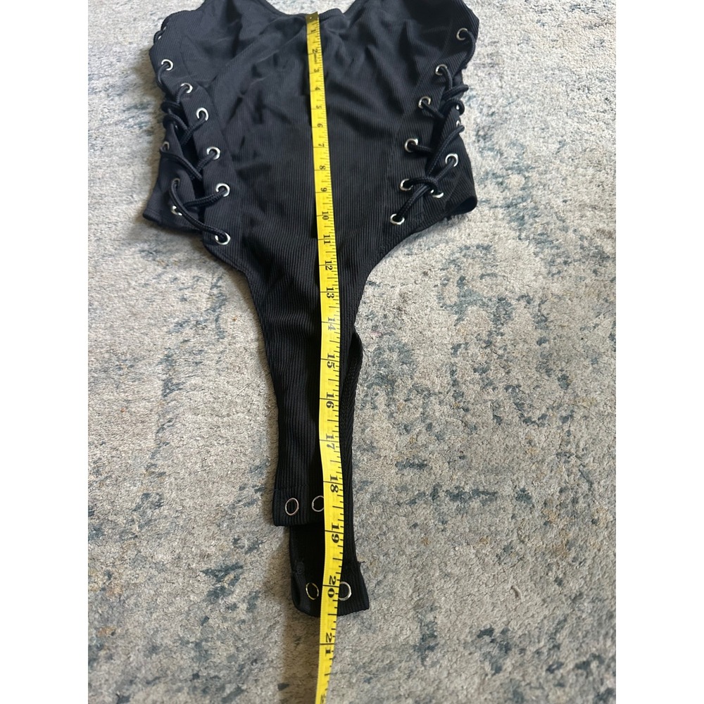 Forever 21 Womens Black Ribbed Lace Up Side V-Neck Bodysuit Grommet Detail Small - Picture 5 of 5